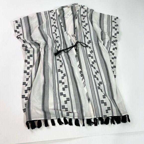 Ann Taylor Loft Cover Up Womens Medium Black White Fringe Drawstrings Tunic NEW - Picture 1 of 9